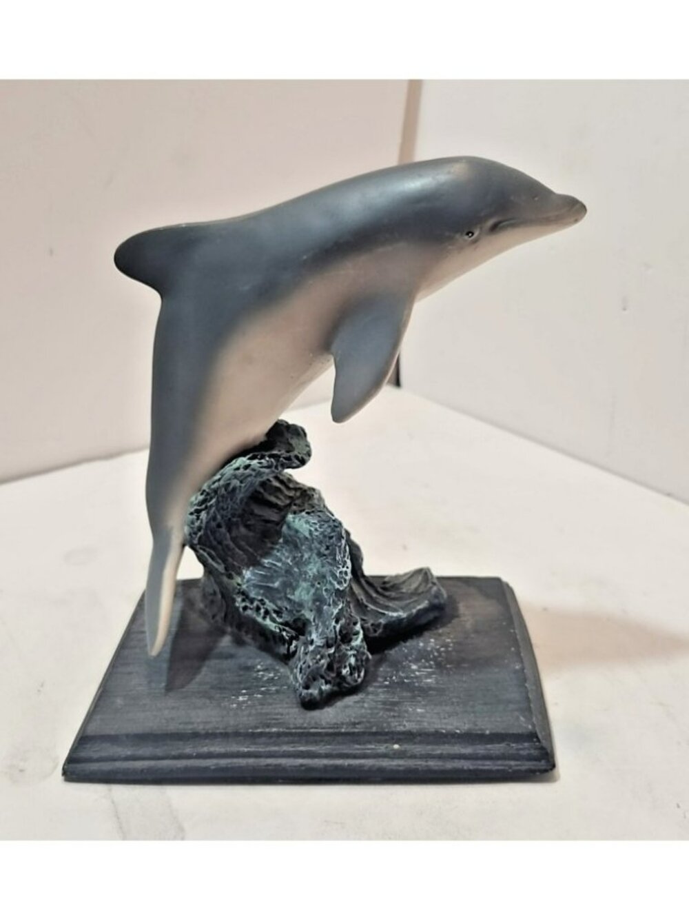 Vtg Grey Dolphin Figurine Riding the Waves on a Wooden Base